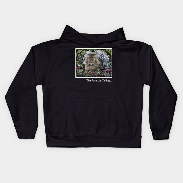 Cat Forest Spirit - The Forest is Calling - White Outlined Version Kids Hoodie by Nat Ewert Art